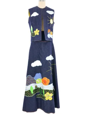 1970s Denim Applique Skirt Ensemble