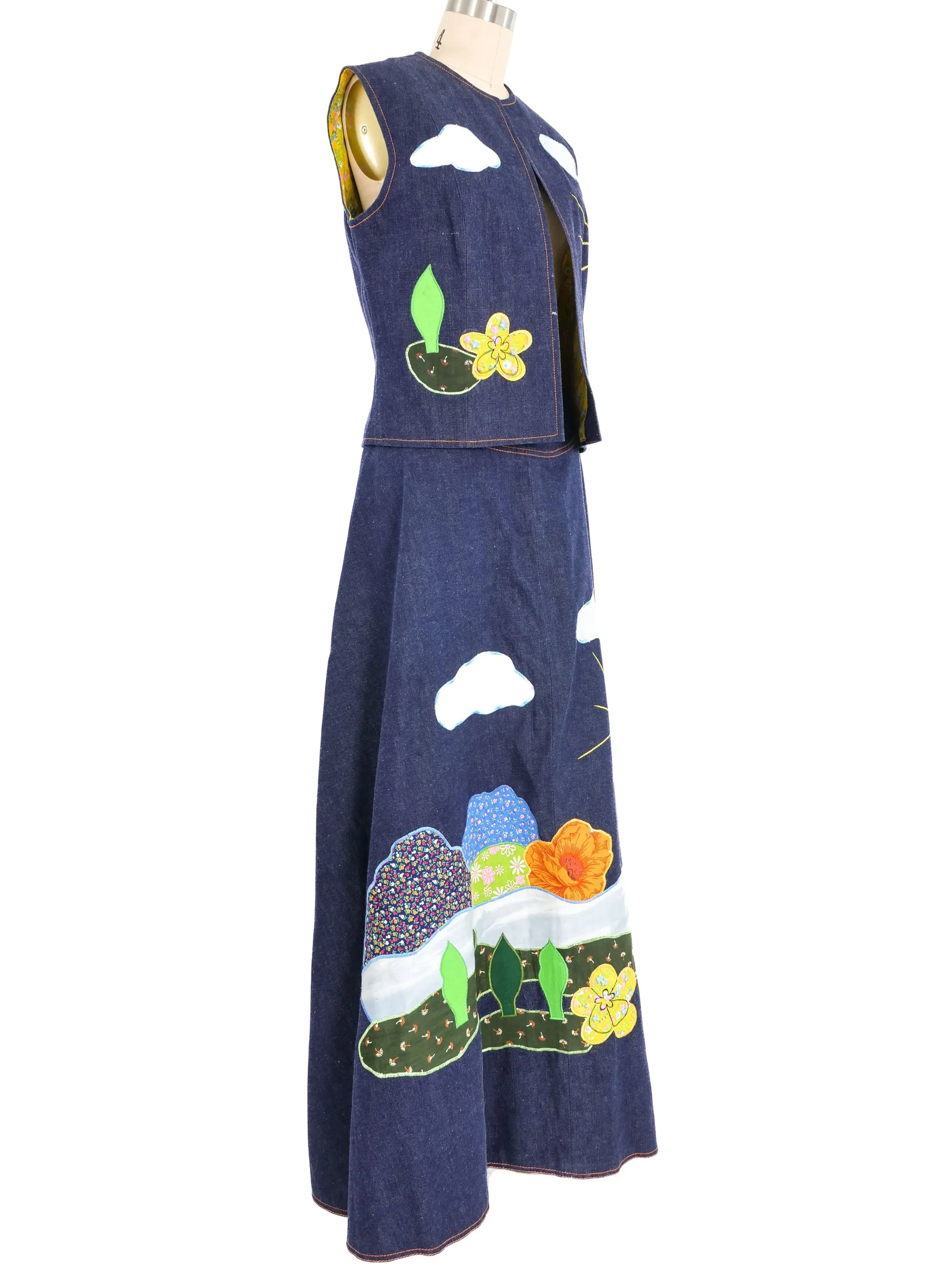 1970s Denim Applique Skirt Ensemble