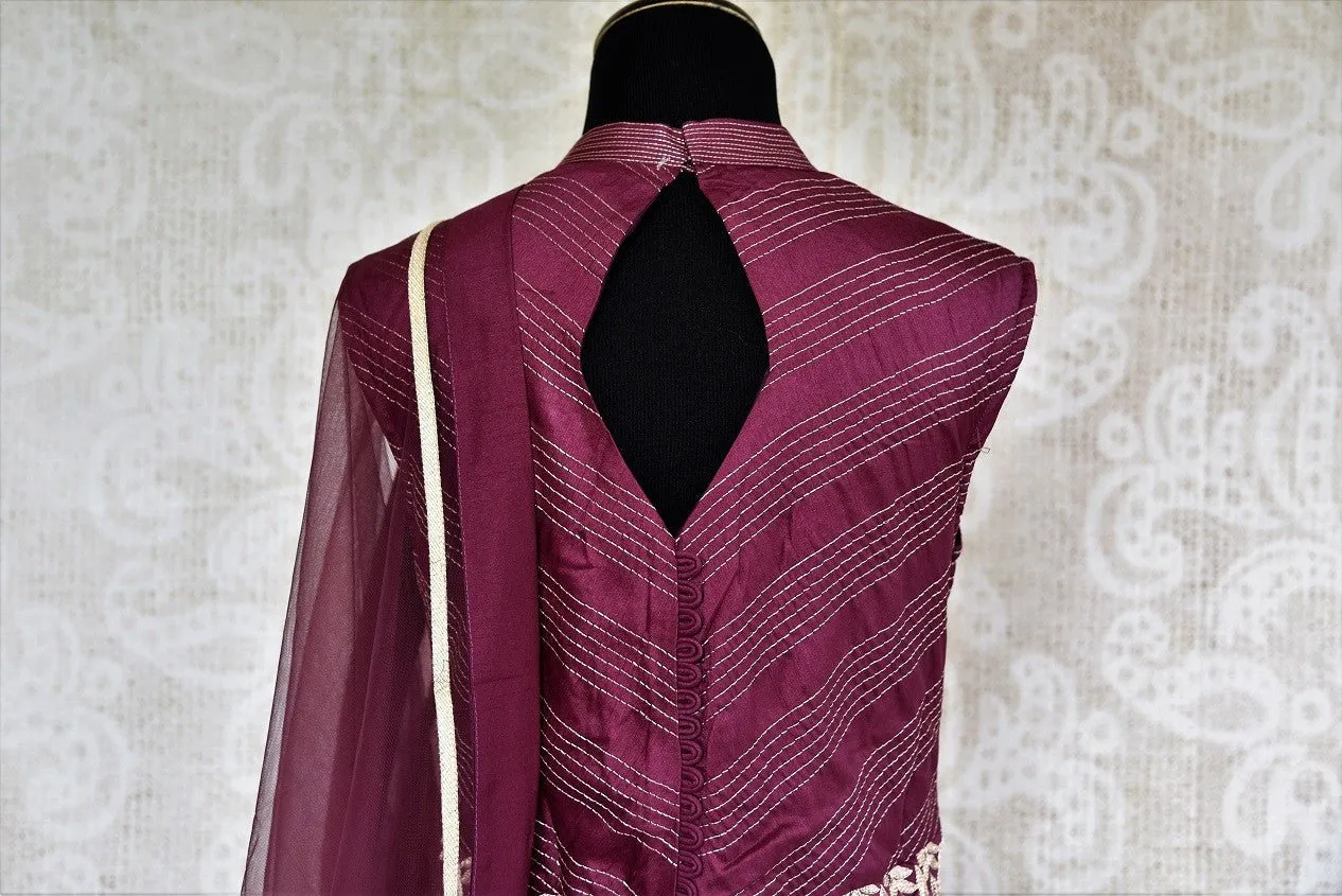 501503 Purple Cotton Silk Floor Length Designer Emboidered Anarkali Suit with Dupatta