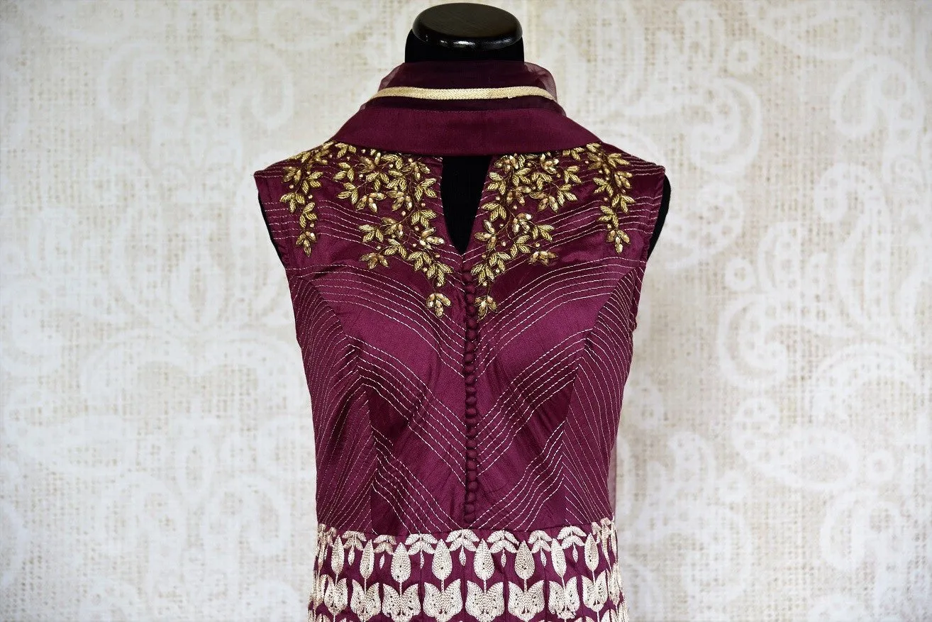 501503 Purple Cotton Silk Floor Length Designer Emboidered Anarkali Suit with Dupatta