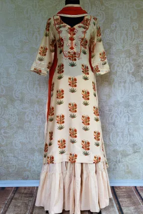 501574 White Chanderi Printed Kurta with Gota Patti Embroidery and Skirt