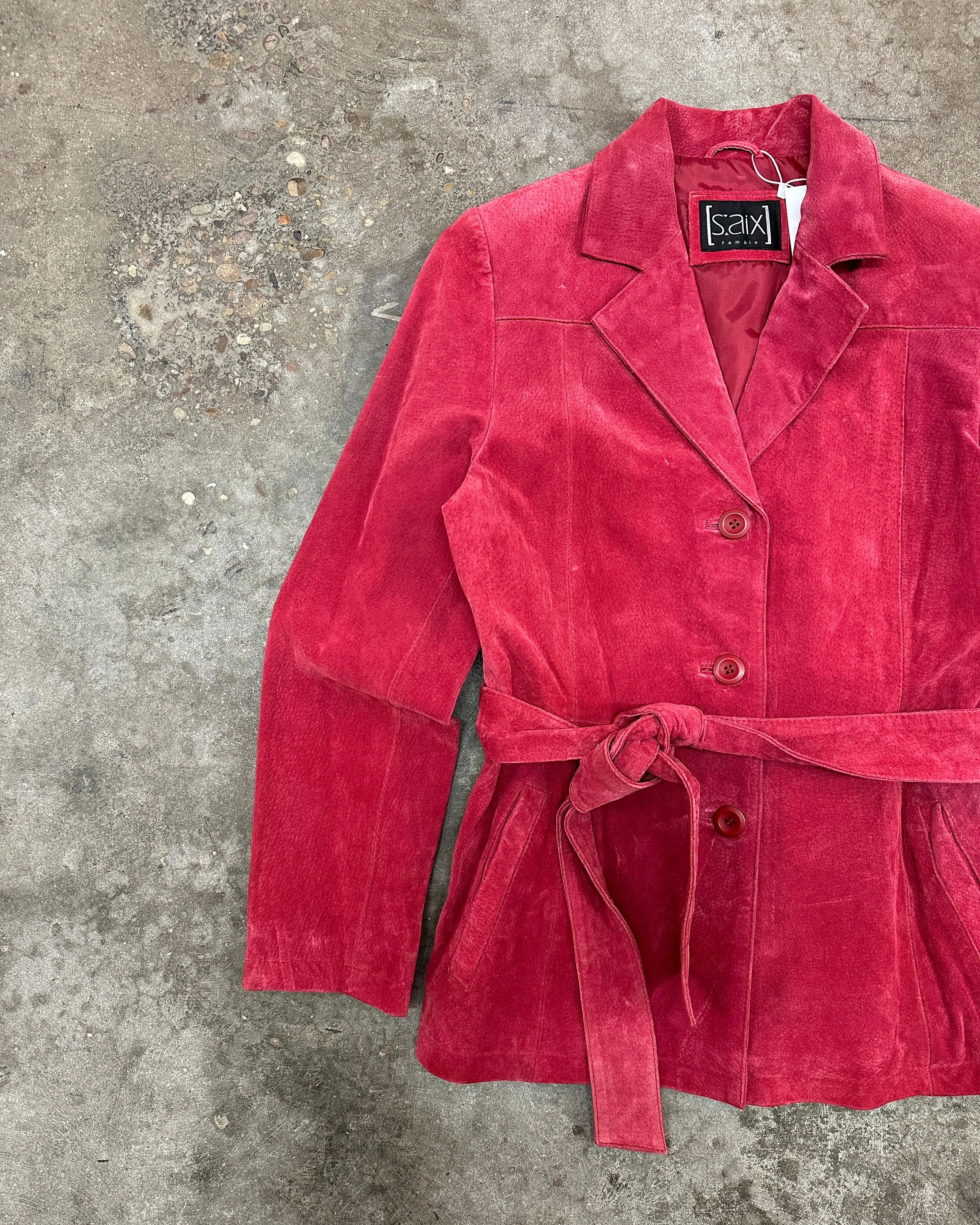 90s Vintage Red Suede Belted Jacket - M