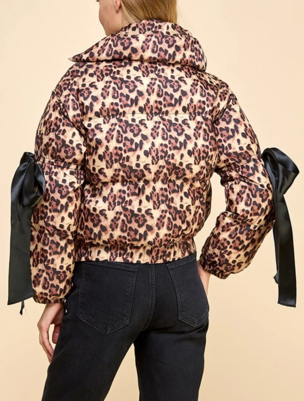 Animal Printed Bow Detail Puffer Jacket