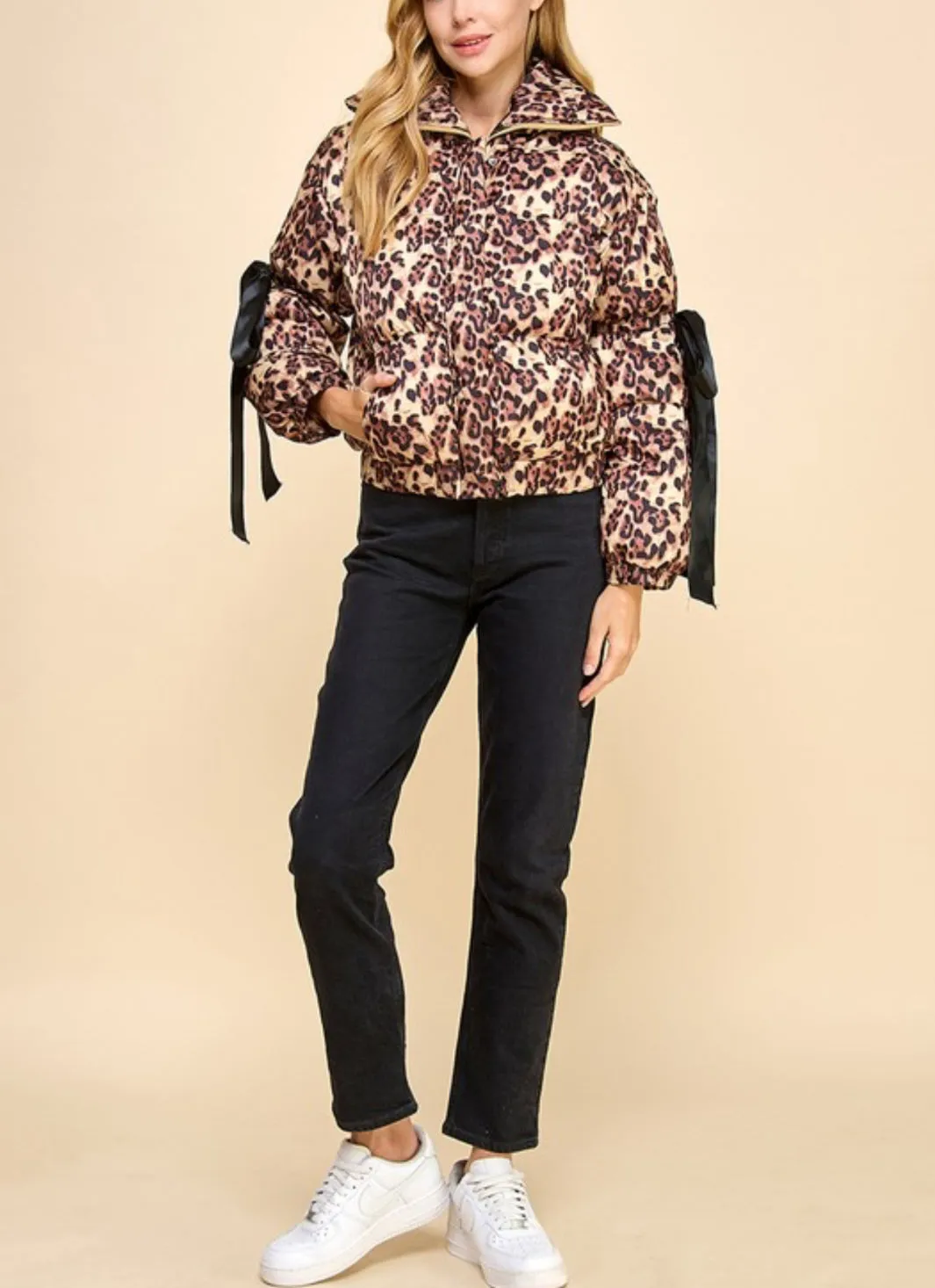 Animal Printed Bow Detail Puffer Jacket