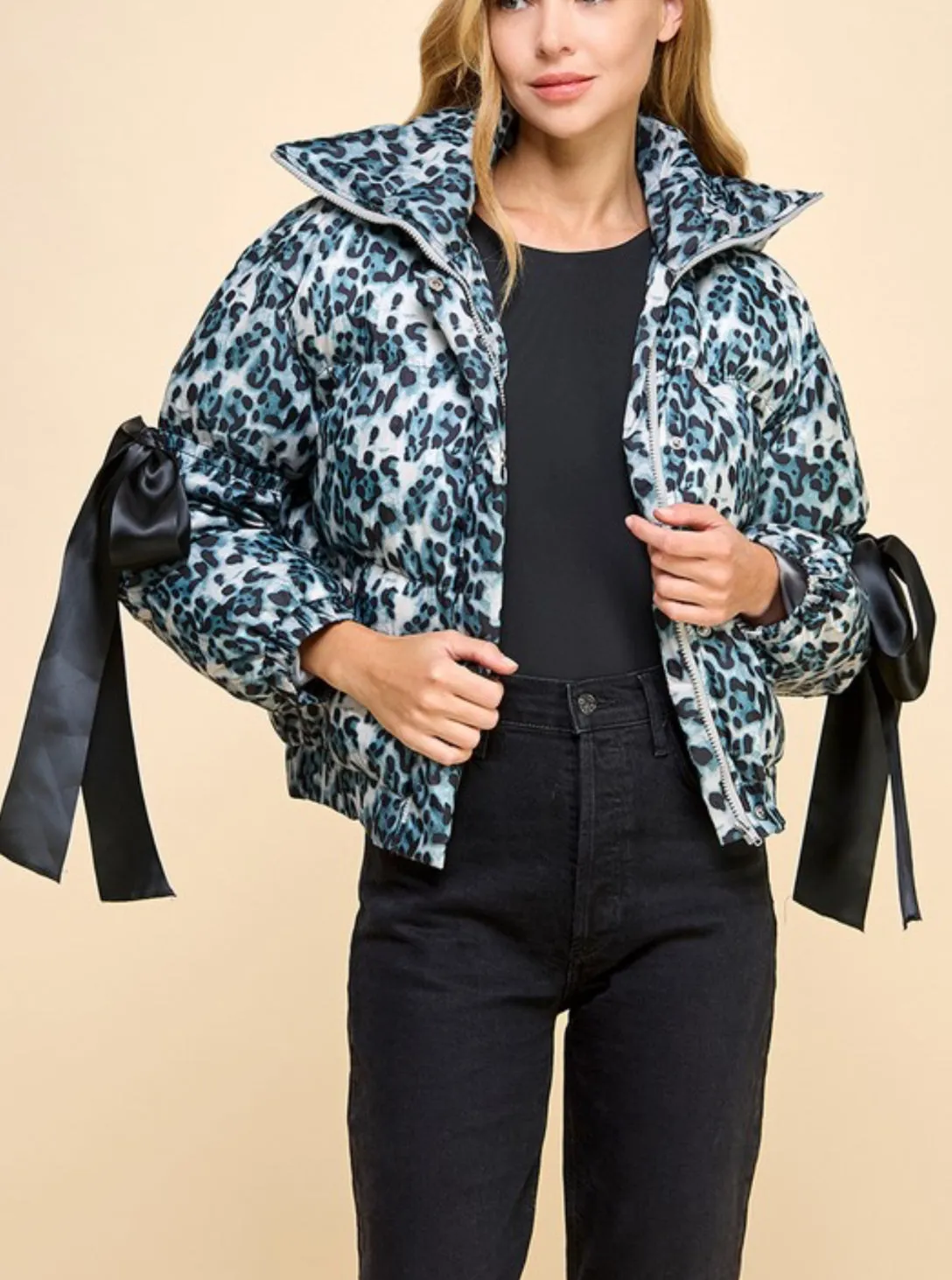 Animal Printed Bow Detail Puffer Jacket
