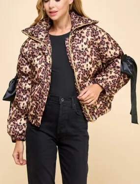 Animal Printed Bow Detail Puffer Jacket