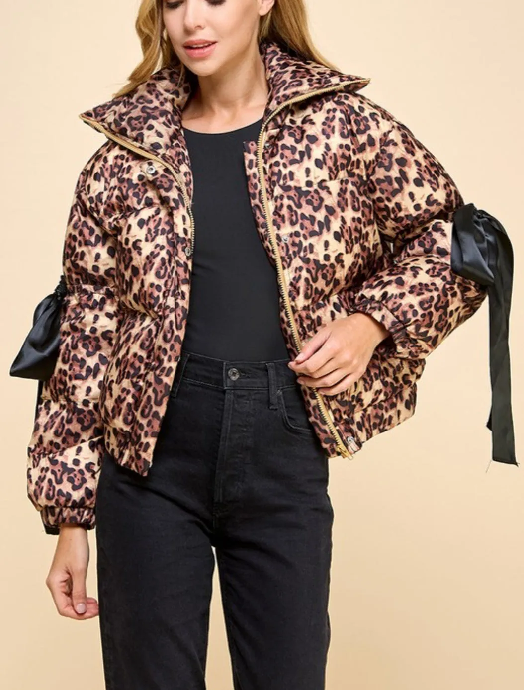 Animal Printed Bow Detail Puffer Jacket