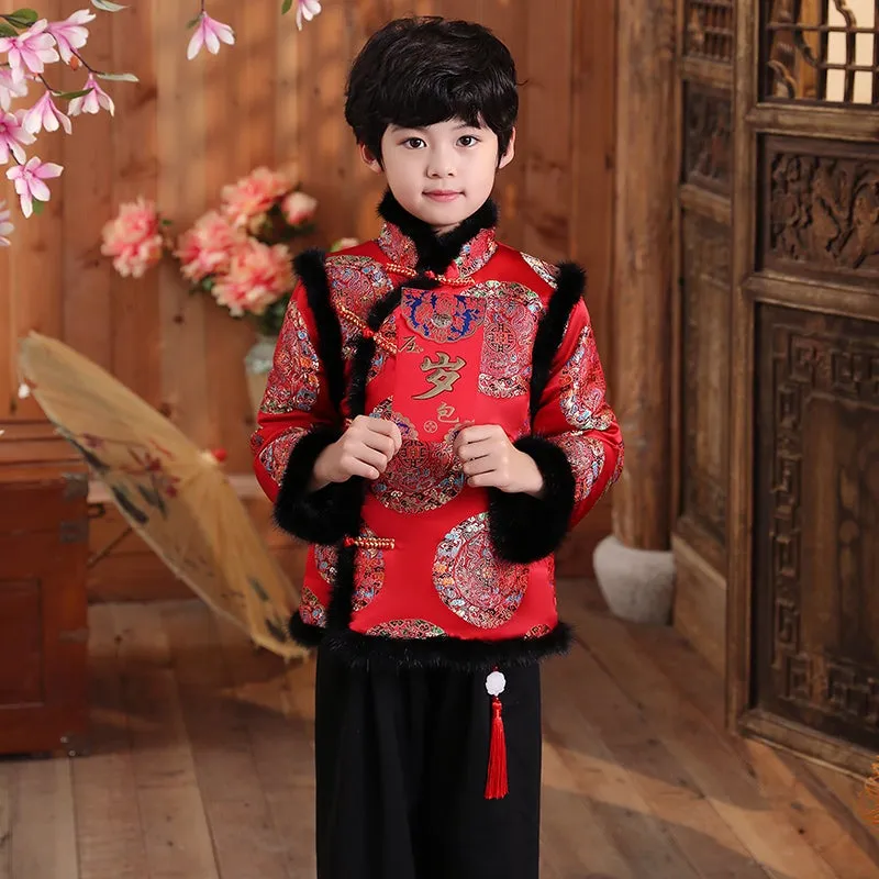 Auspicious Pattern Brocade Fur Edge Chinese Style Boy's Wadded Suit