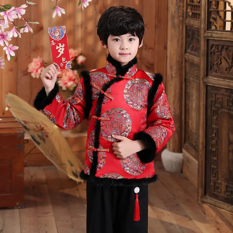 Auspicious Pattern Brocade Fur Edge Chinese Style Boy's Wadded Suit