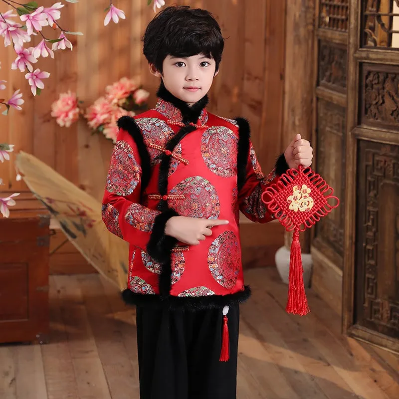 Auspicious Pattern Brocade Fur Edge Chinese Style Boy's Wadded Suit
