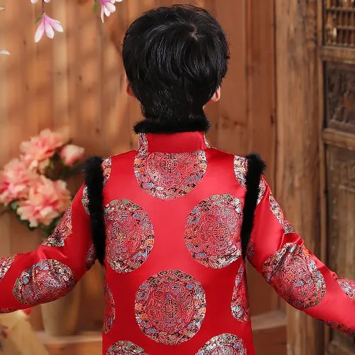 Auspicious Pattern Brocade Fur Edge Chinese Style Boy's Wadded Suit