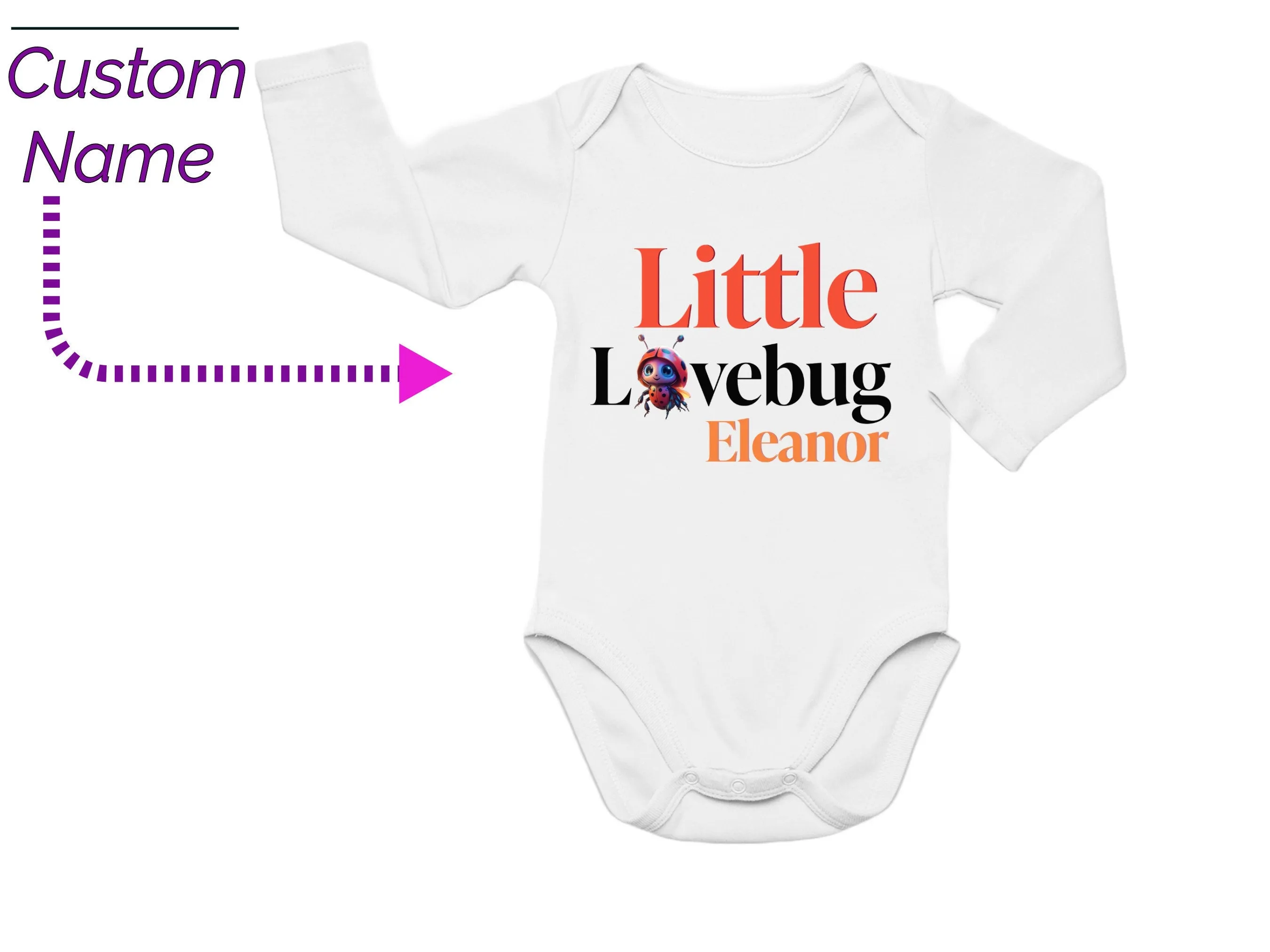 Baby Girls Custom Name Long Sleeve Bodysuit Gift in Little Lovebug