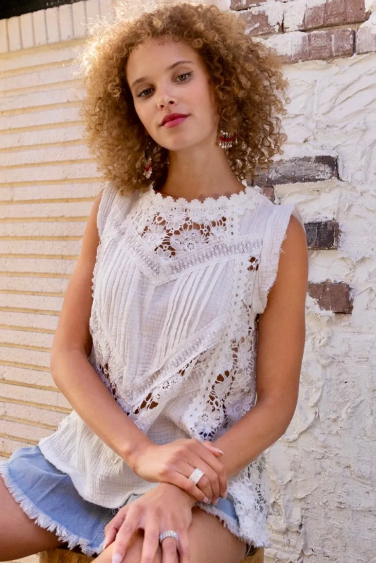 Bal Harbor Floral Lace   Cotton Gauze Sleeveless Tunic Top