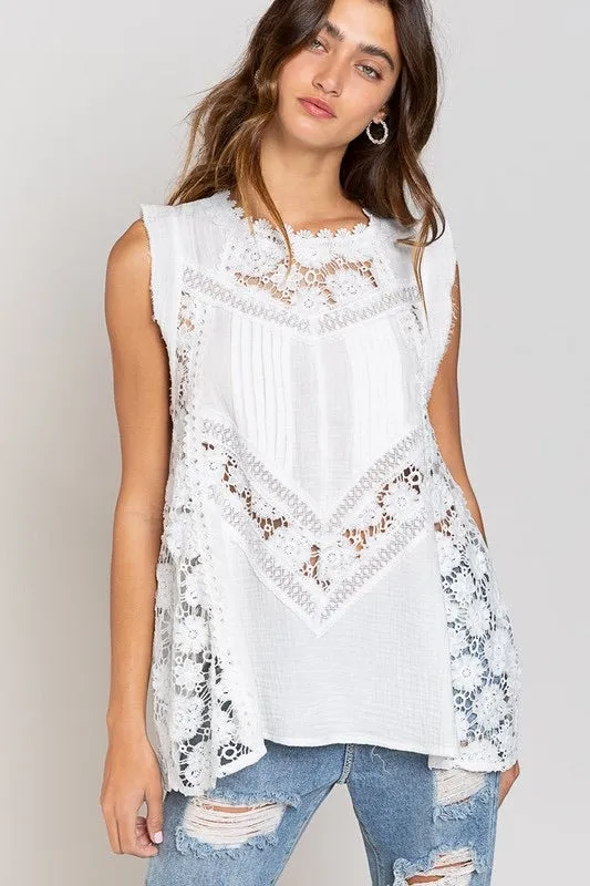 Bal Harbor Floral Lace   Cotton Gauze Sleeveless Tunic Top