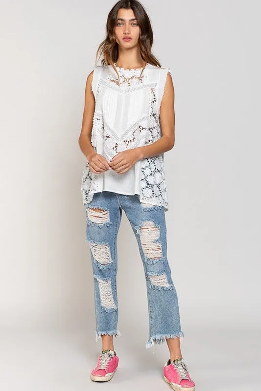 Bal Harbor Floral Lace   Cotton Gauze Sleeveless Tunic Top