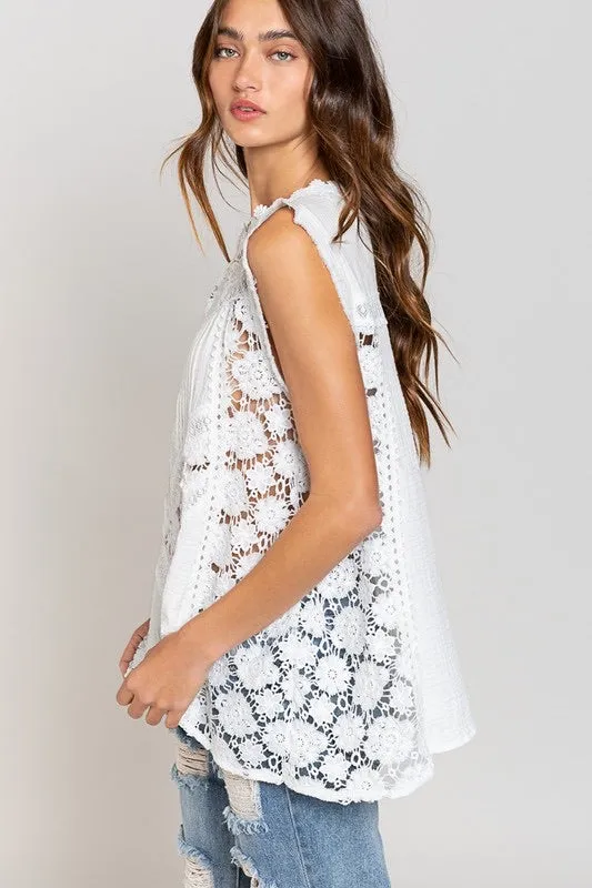 Bal Harbor Floral Lace   Cotton Gauze Sleeveless Tunic Top
