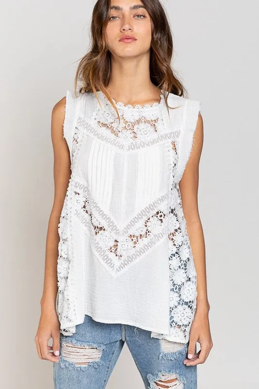 Bal Harbor Floral Lace   Cotton Gauze Sleeveless Tunic Top