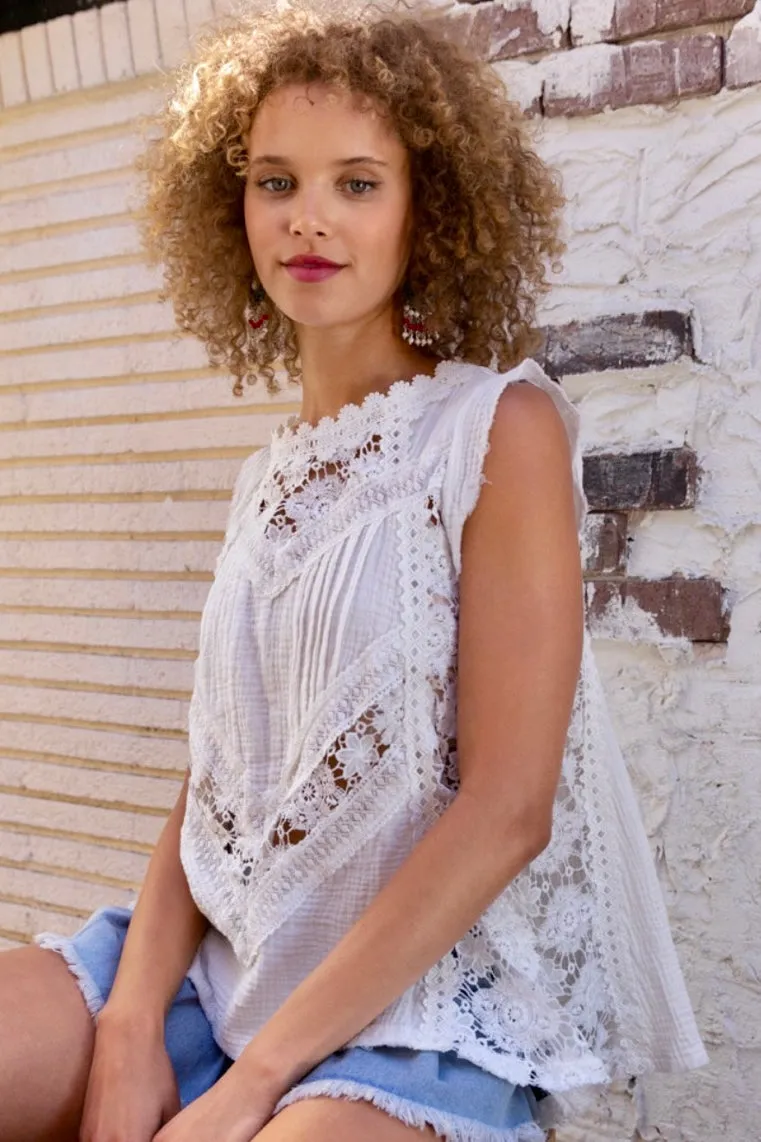 Bal Harbor Floral Lace   Cotton Gauze Sleeveless Tunic Top