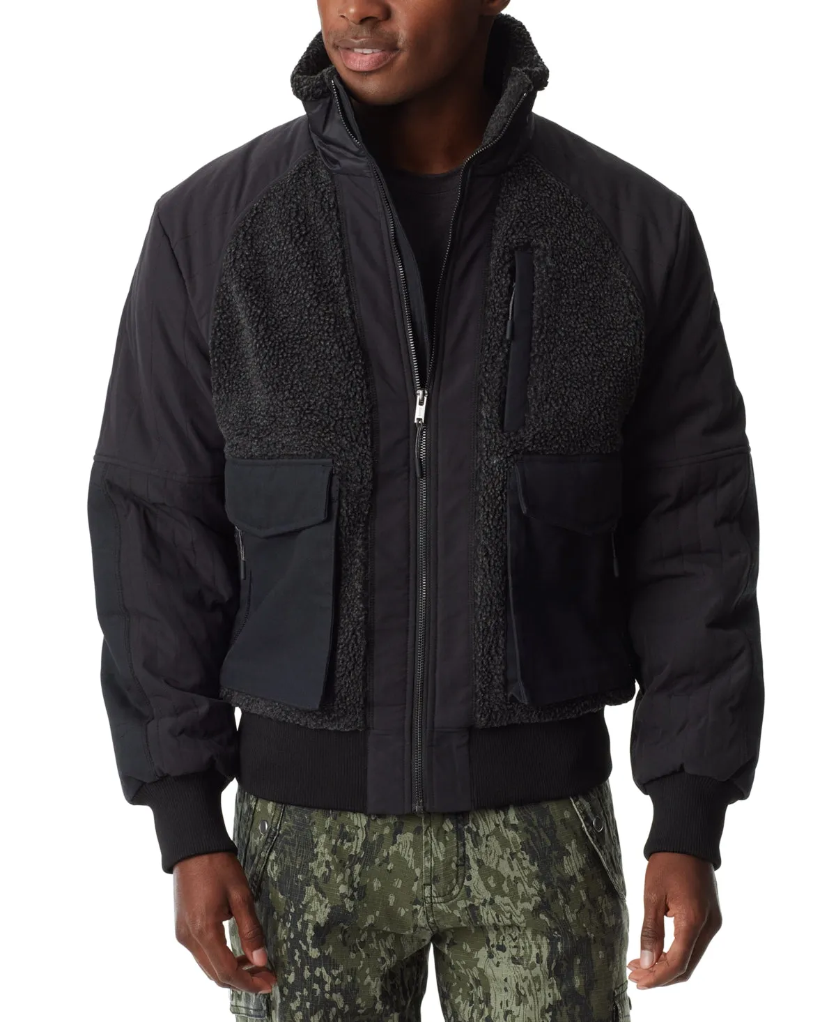 BASS OUTDOOR Mens Mixed Media Full Zip Bomber Jacket Coat Black Caviar Medium