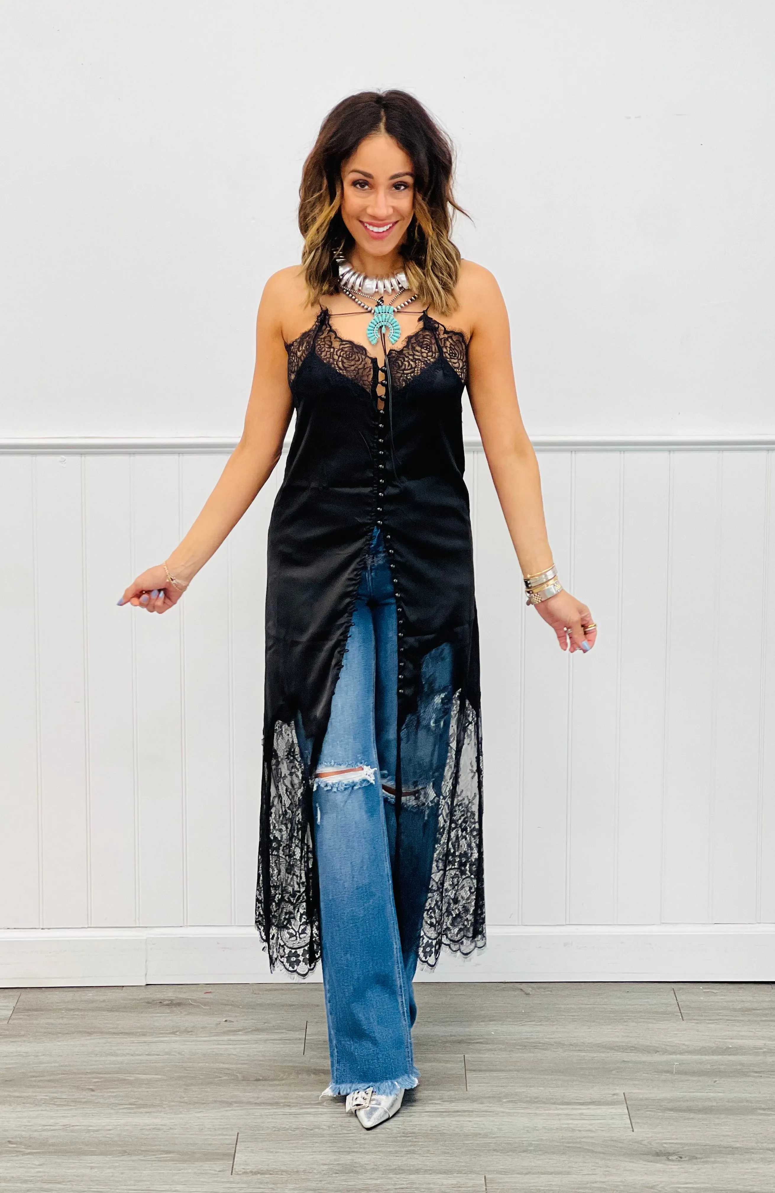 Black Reversible Lace Trim Dress Top (Reg)