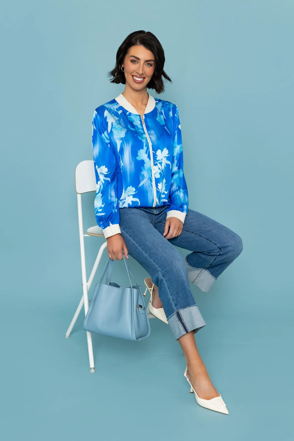 Blue Printed Printed Bomber Jacket