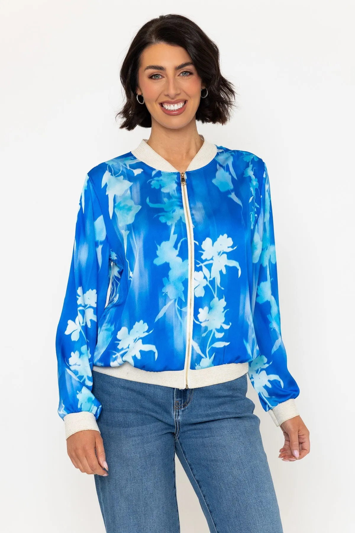 Blue Printed Printed Bomber Jacket