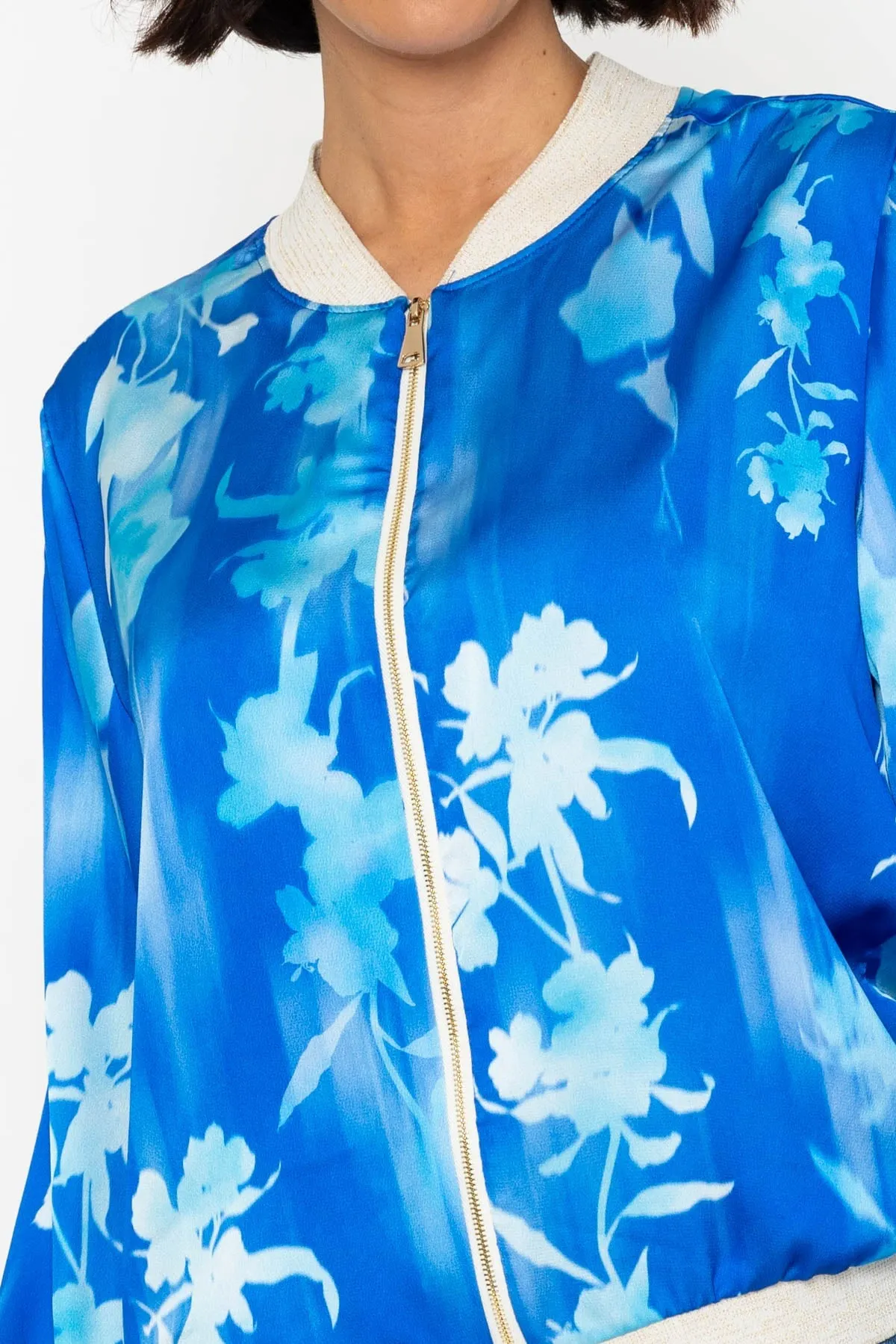 Blue Printed Printed Bomber Jacket