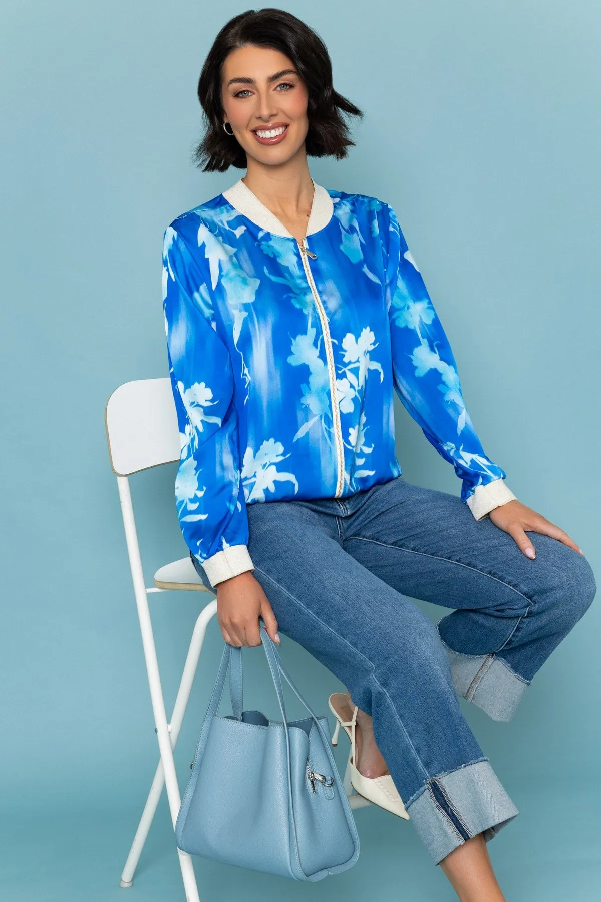 Blue Printed Printed Bomber Jacket