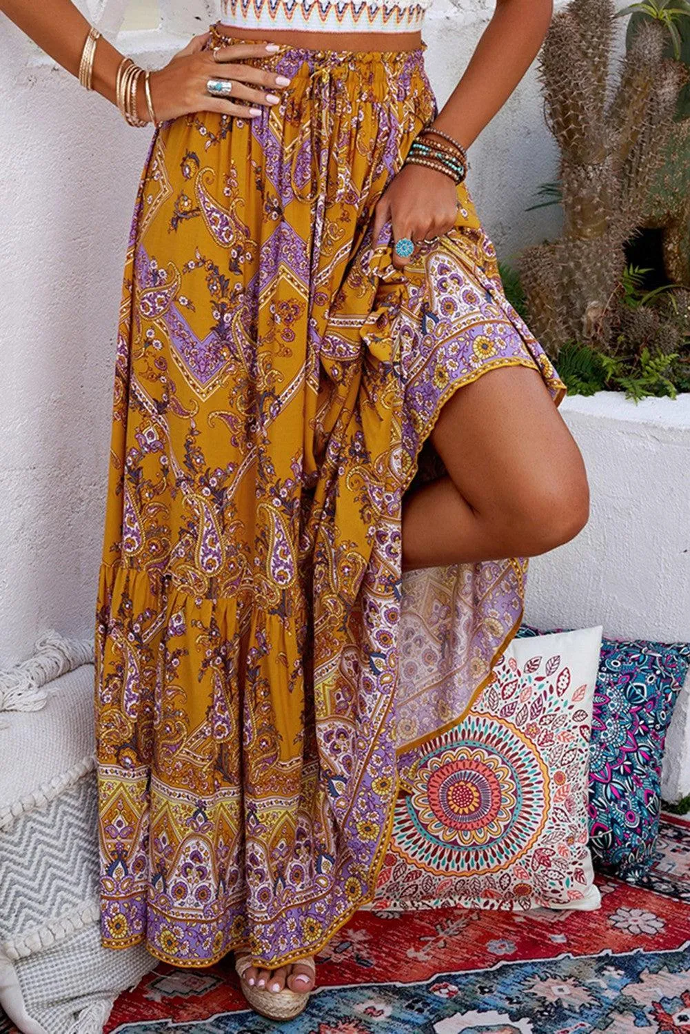 Blue Zone Planet |  Bohemian Mixed Print Drawstring Waist Tiered Maxi Skirt
