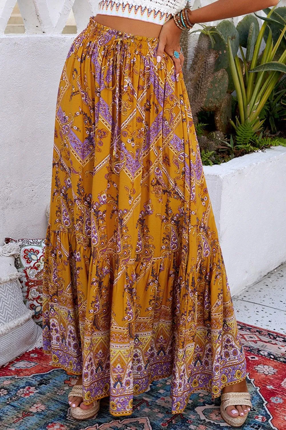 Blue Zone Planet |  Bohemian Mixed Print Drawstring Waist Tiered Maxi Skirt