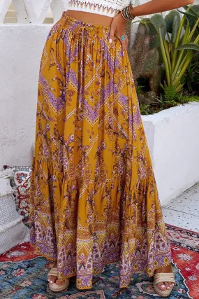 Blue Zone Planet |  Bohemian Mixed Print Drawstring Waist Tiered Maxi Skirt