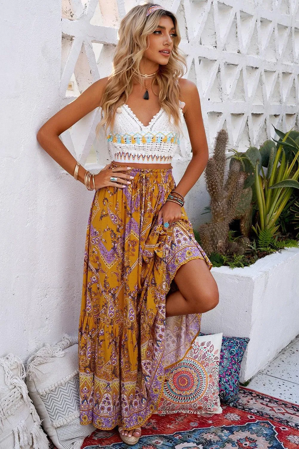 Blue Zone Planet |  Bohemian Mixed Print Drawstring Waist Tiered Maxi Skirt
