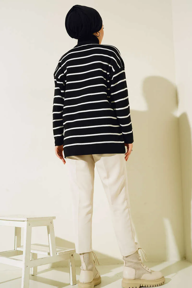 BNG Women Fisherman Collar Striped Sweater Black - Clermont