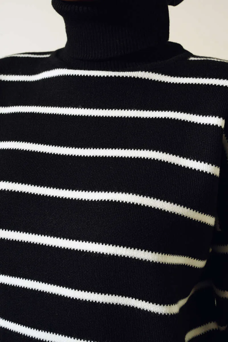 BNG Women Fisherman Collar Striped Sweater Black - Clermont