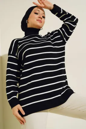 BNG Women Fisherman Collar Striped Sweater Black - Clermont