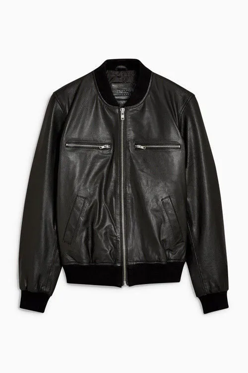 Buto Black Bomber Leather Jacket Men Biker Motorcycle