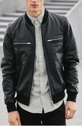 Buto Black Bomber Leather Jacket Men Biker Motorcycle