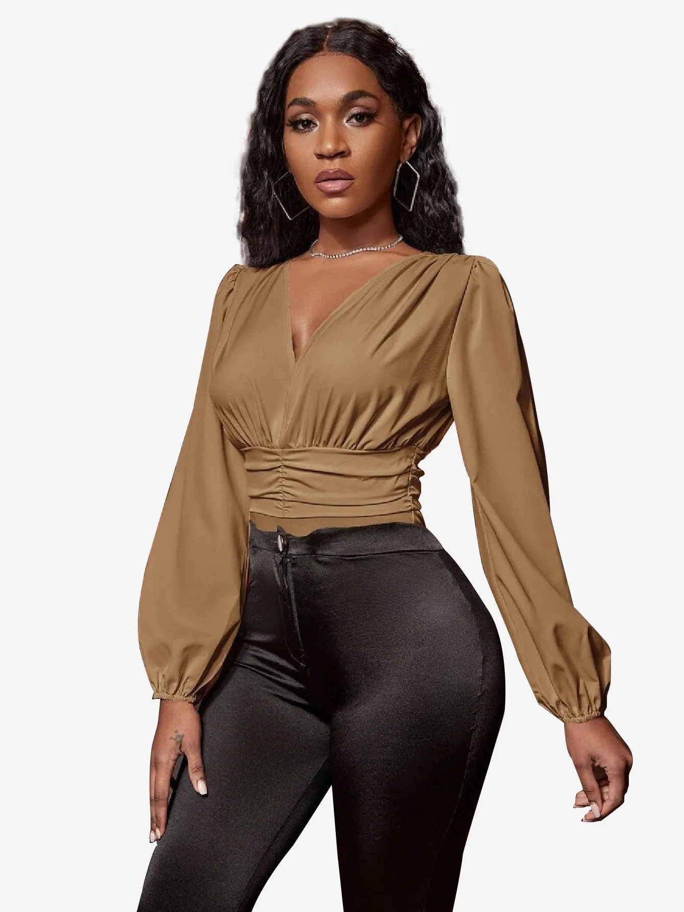 Charming Lantern Sleeve Ruched Bodysuit