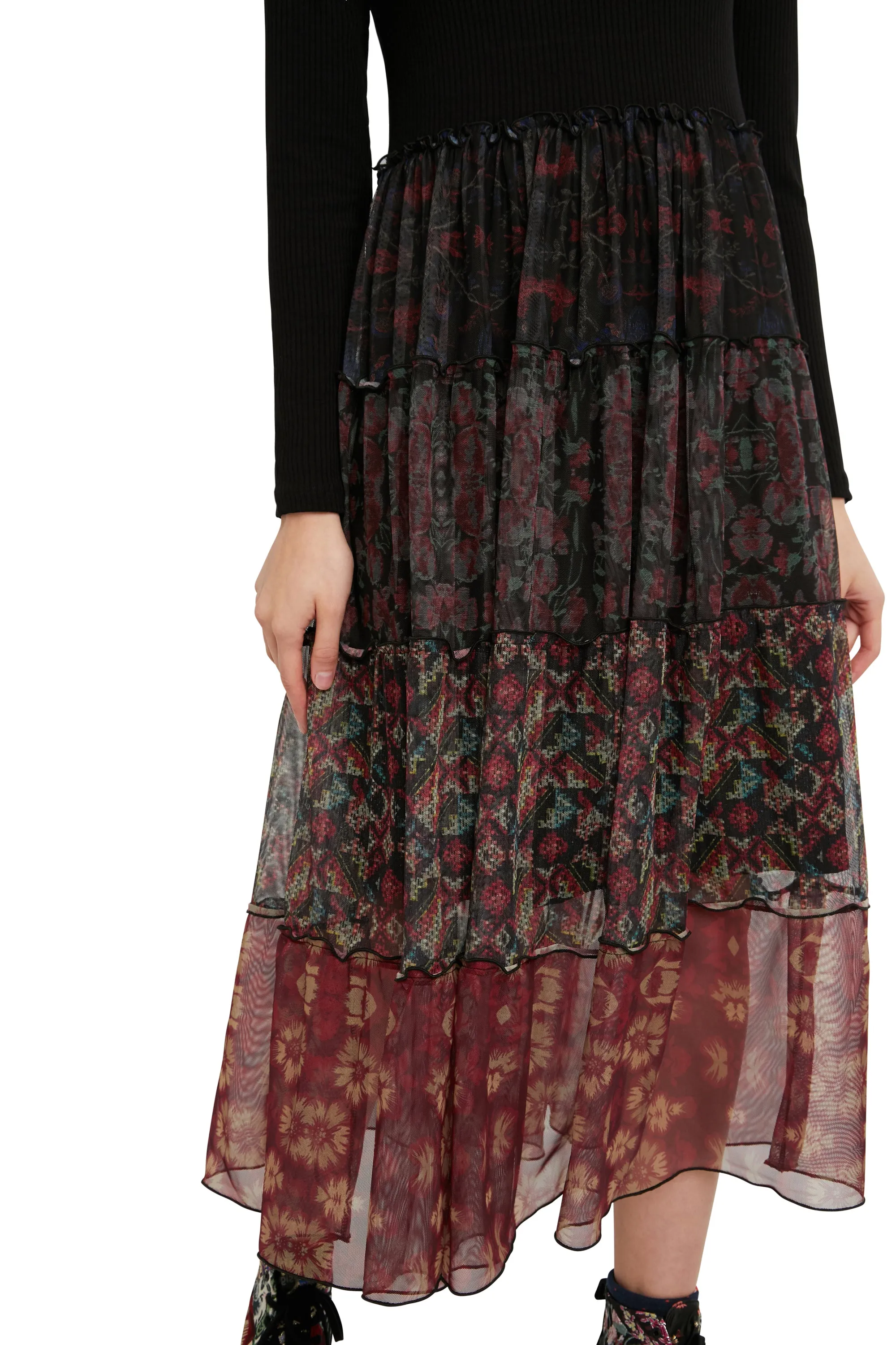 Cinamon Poloneck Top Flared Chiffon Maxi Skirt Boho Dress Desigual Style 21WWVK95