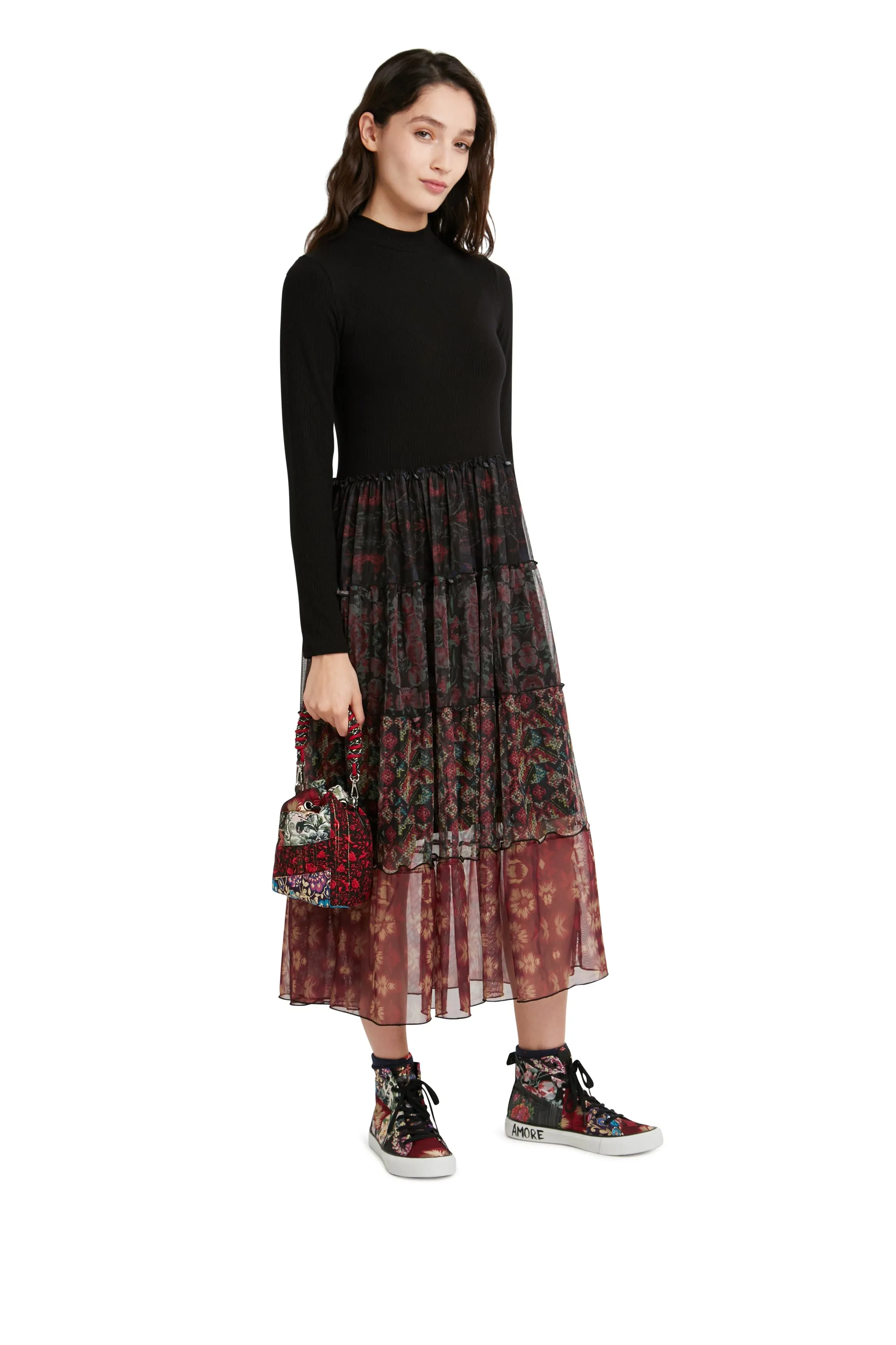 Cinamon Poloneck Top Flared Chiffon Maxi Skirt Boho Dress Desigual Style 21WWVK95