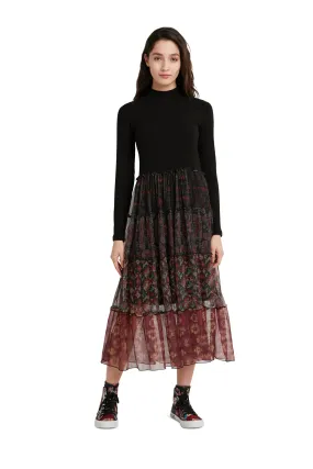 Cinamon Poloneck Top Flared Chiffon Maxi Skirt Boho Dress Desigual Style 21WWVK95