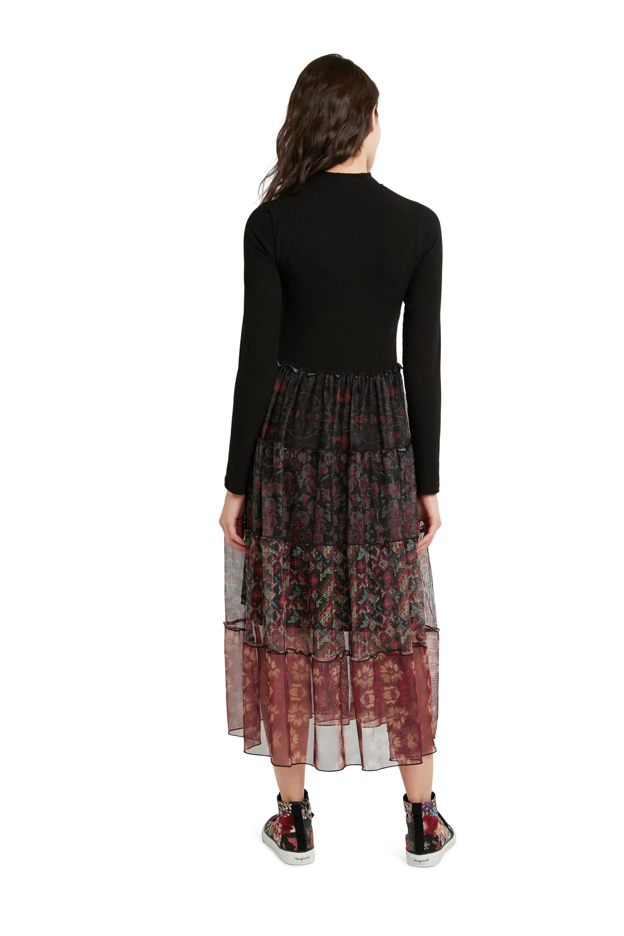 Cinamon Poloneck Top Flared Chiffon Maxi Skirt Boho Dress Desigual Style 21WWVK95