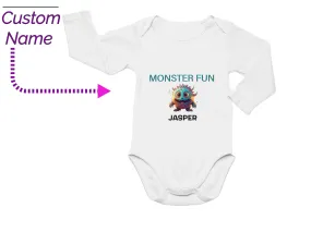 Custom Baby Bodysuit Boy Name 1st Birthday Gift, Monster Fun Little Kids