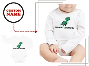 Custom Baby Name Long sleeve Cotton Bodysuit for Baby Boys, Dino-Mite Design