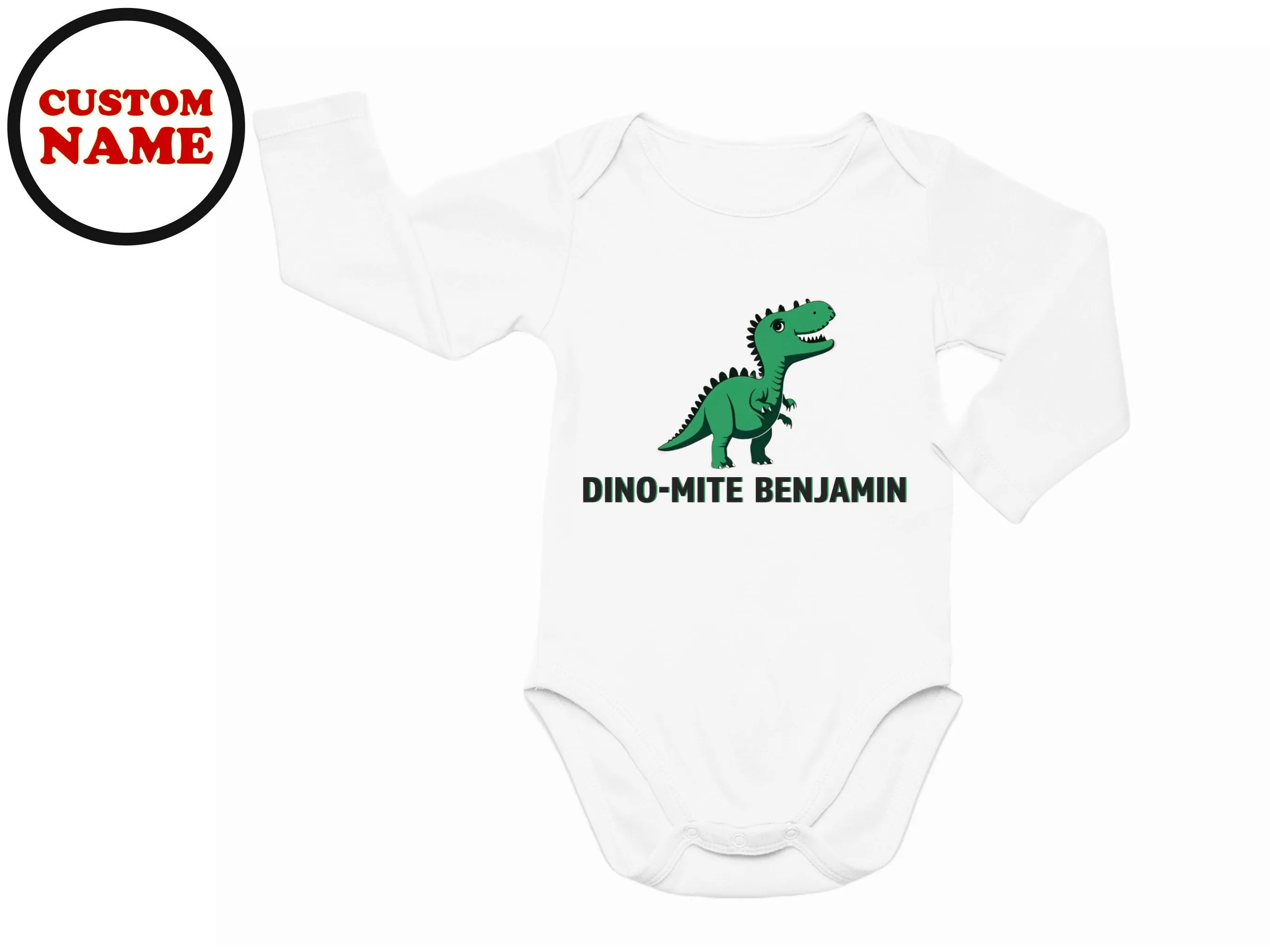 Custom Baby Name Long sleeve Cotton Bodysuit for Baby Boys, Dino-Mite Design