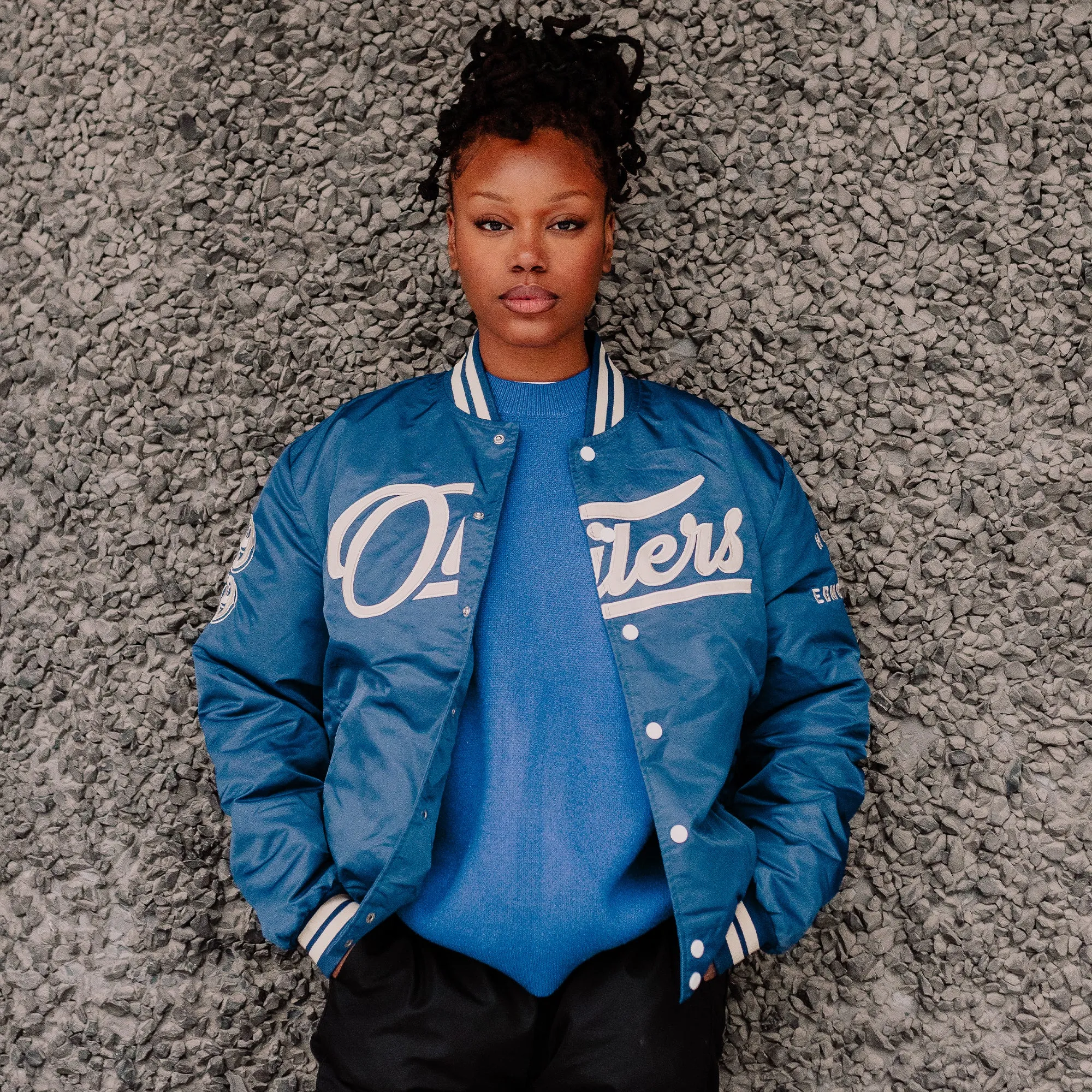Edmonton Oilers Unisex Peace Collective Blue Vintage Bomber Jacket
