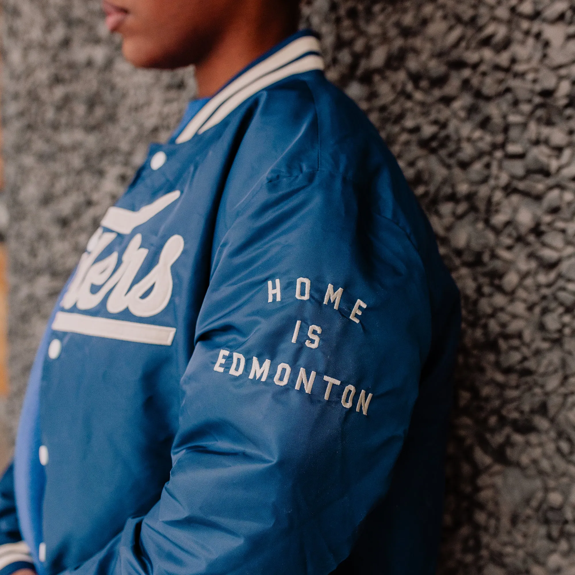 Edmonton Oilers Unisex Peace Collective Blue Vintage Bomber Jacket