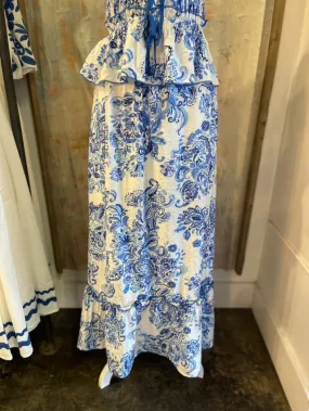 Elastic Waist Blue Floral Maxi Skirt with Pockets