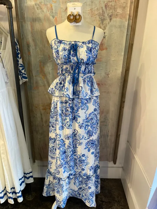 Elastic Waist Blue Floral Maxi Skirt with Pockets