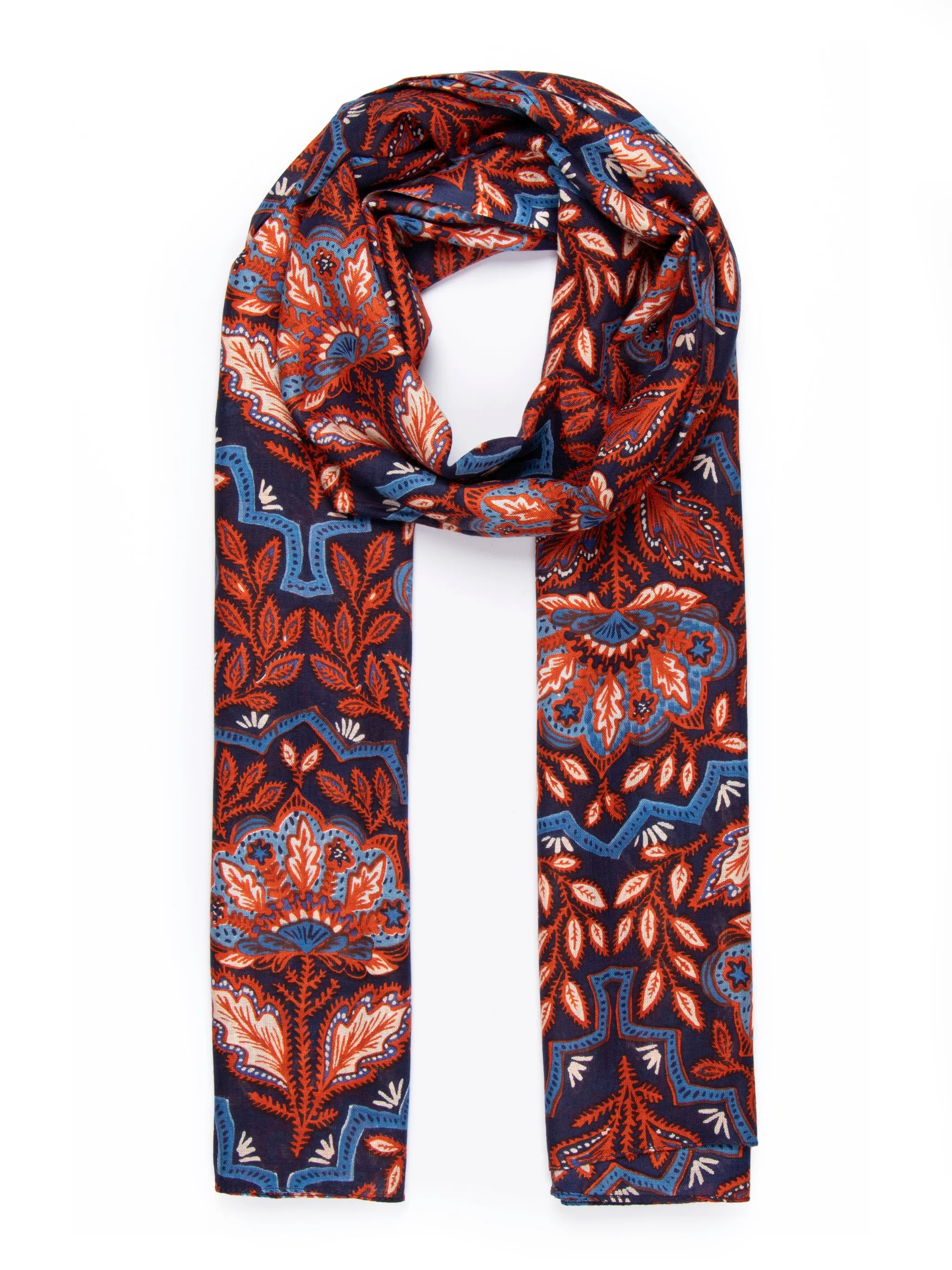 Fern Lightweight Scarf - Blue/Coral, Floral Mosaic